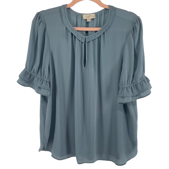 LOFT Tops - SOLD LOFT Women's Size Large Blue Ruffle Trim Short-Sleeved Blouse